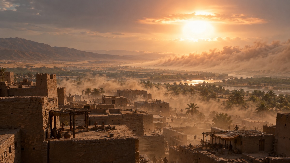 An ancient city under the light and shockwave of a cosmic airburst